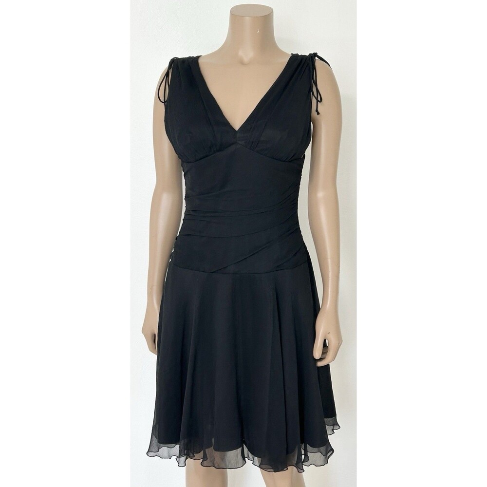 Vtg Y2K 100% Silk Dress Fairy Goth Black Ruched Express Size 6 Small Knee Length